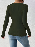 Front button solid ribbed sweater, elegant long-sleeve fitted cardigan, suitable for autumn and winter season, Women's clothing - Olive Green