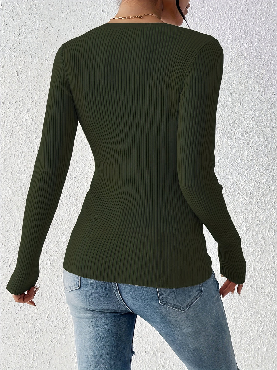 Front button solid ribbed sweater, elegant long-sleeve fitted cardigan, suitable for autumn and winter season, Women's clothing - Olive Green