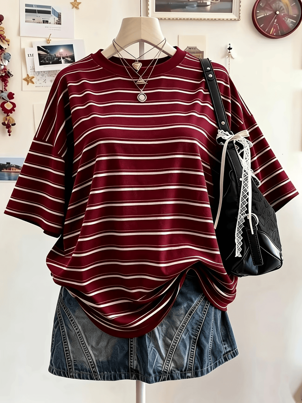 Women'S Red And White Striped Round Neck Short Sleeve T-Shirt, Casual Athletic Fashion Statement Top - Mixed colors