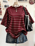 Women'S Red And White Striped Round Neck Short Sleeve T-Shirt, Casual Athletic Fashion Statement Top - Mixed colors