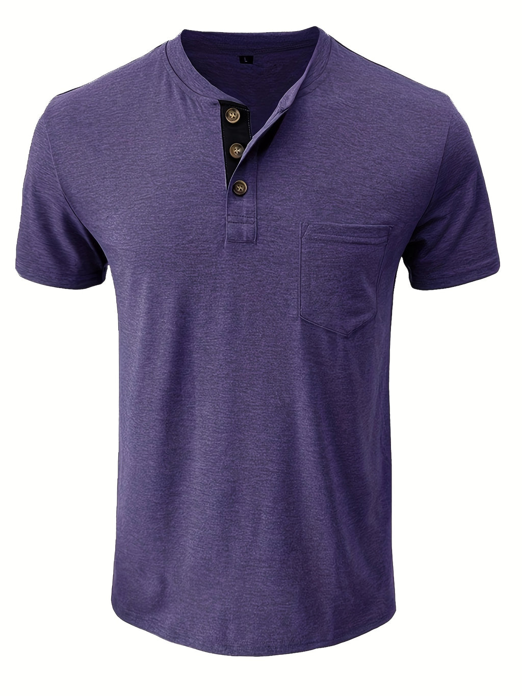 Men'S Summer Round Neck Short Sleeve T-Shirt Henley Shirt Pocket Top - Purple
