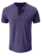 Men'S Summer Round Neck Short Sleeve T-Shirt Henley Shirt Pocket Top - Purple