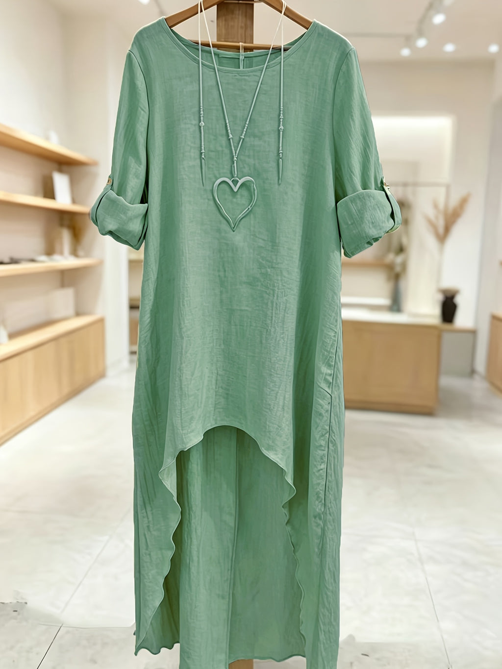 Women' Elegant Asymmetric Oversized Shirt - Loose Fit Long Sleeve Round Neck Blouse with Short Front & Extended Back Length, Layering Piece Suitable for Spring/Fall, Casual to Dressy Wear (No Stretch) - Green