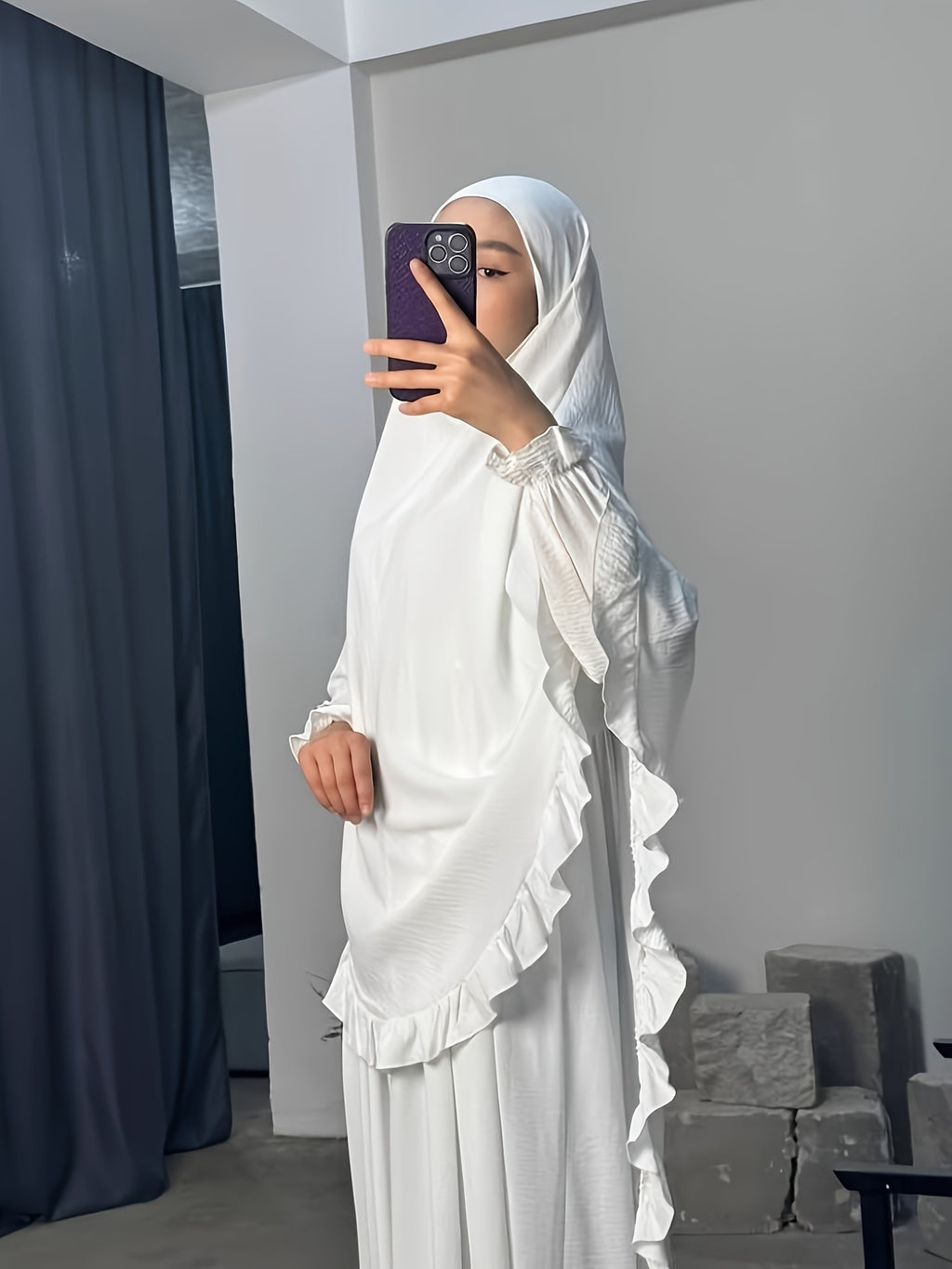2pcs Set: Middle East Dubai 2pcs Set, Including 1 Solid Color Long Headscarf + 1 Long Robe, Women's Fashion Loose Robe Ramadan Prayer Outfit - White