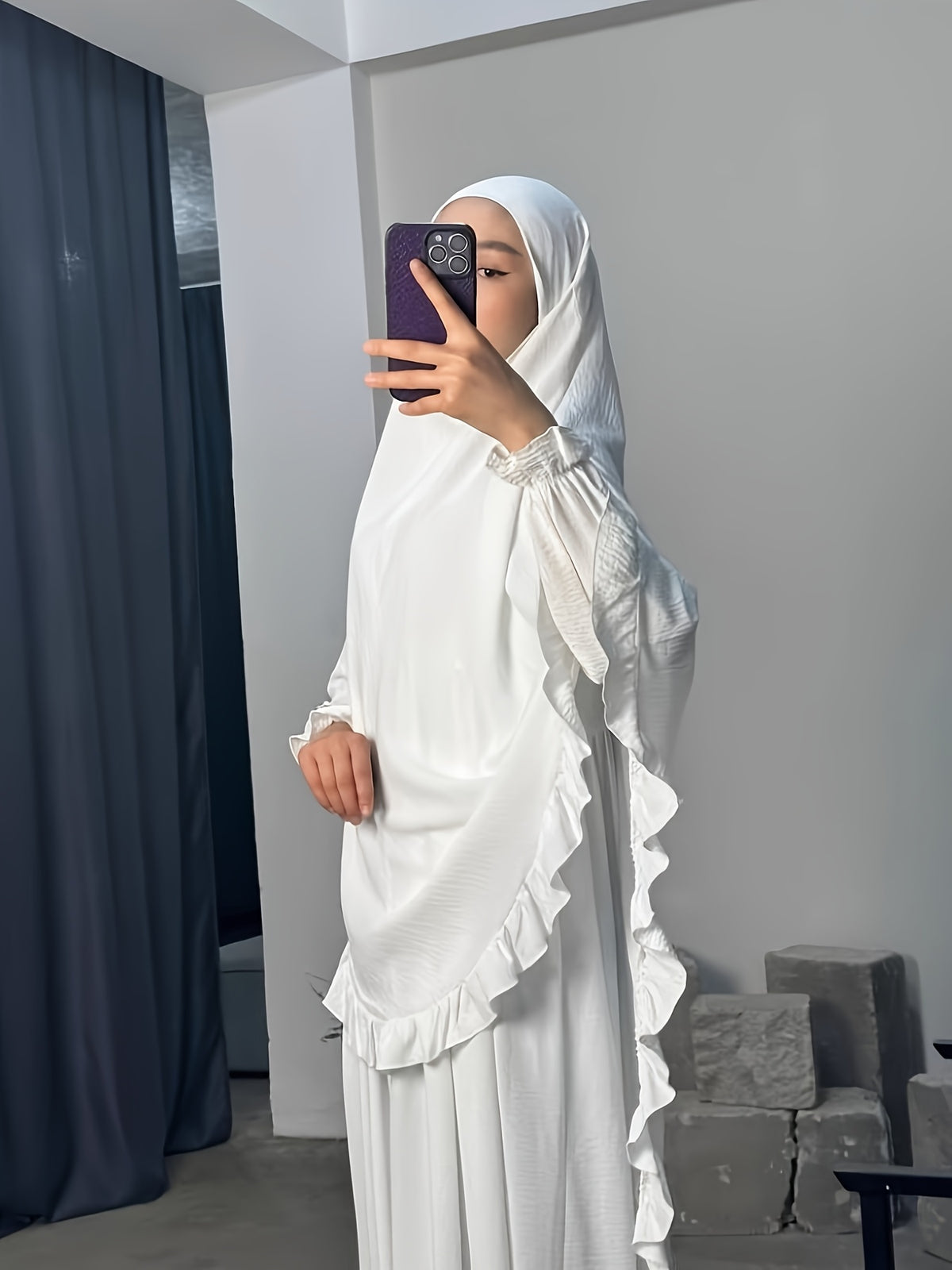 2pcs Set: Middle East Dubai 2pcs Set, Including 1 Solid Color Long Headscarf + 1 Long Robe, Women's Fashion Loose Robe Ramadan Prayer Outfit - White