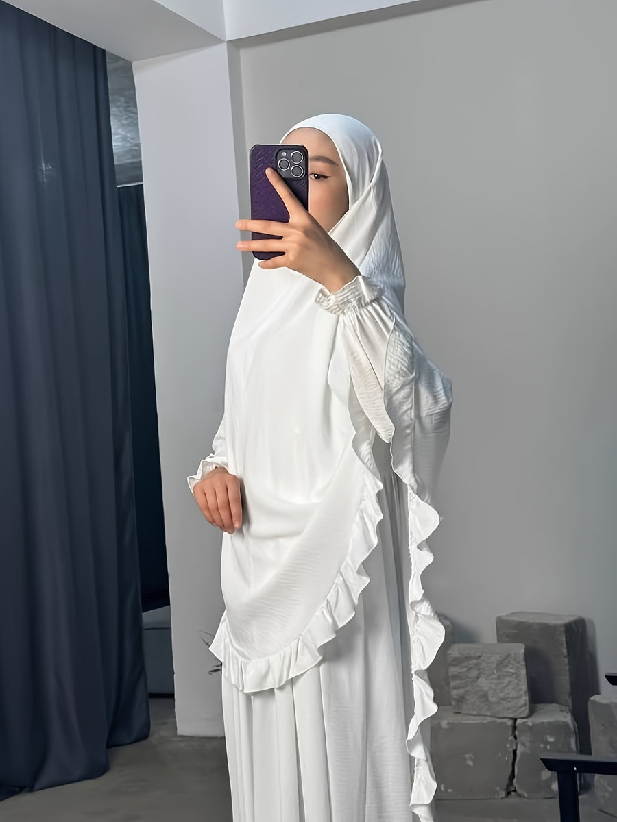 2pcs Set: Middle East Dubai 2pcs Set, Including 1 Solid Color Long Headscarf + 1 Long Robe, Women's Fashion Loose Robe Ramadan Prayer Outfit - White