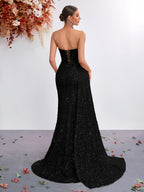 Sequined Sweetheart Neckline Mesh Panel High-Waist Long Scarf-Tie Slit Ball Gown Party Evening Dress - Black
