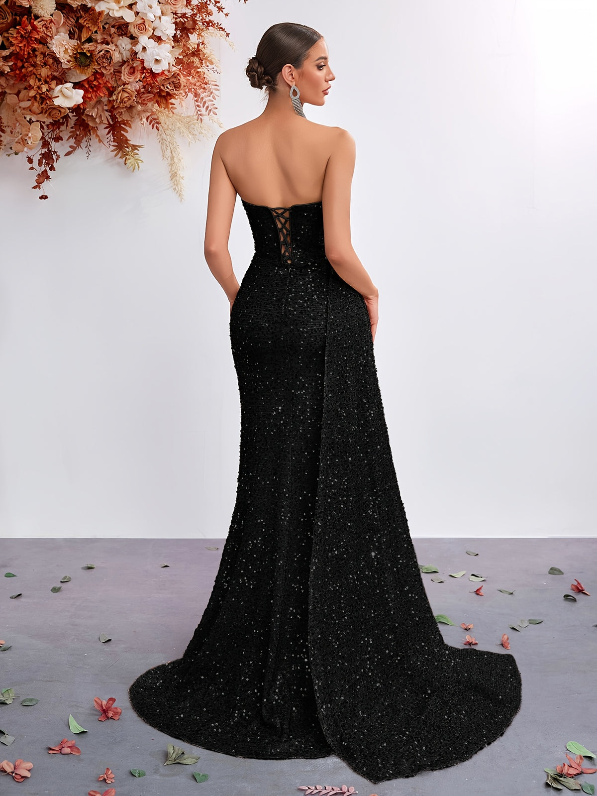 Sequined Sweetheart Neckline Mesh Panel High-Waist Long Scarf-Tie Slit Ball Gown Party Evening Dress - Black