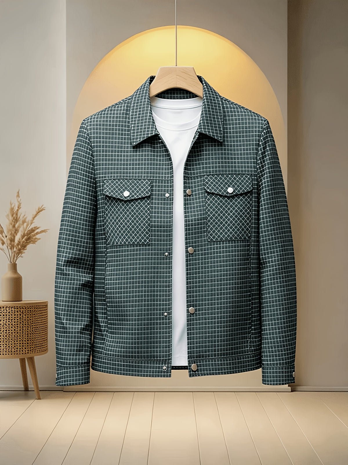 Men'S Plaid Lapel Button-Front Jacket, 100% Polyester Breathable Anti-Scratch Quick-Dry Wrinkle-Resistant Office Daily Casual Outerwear - Military Green