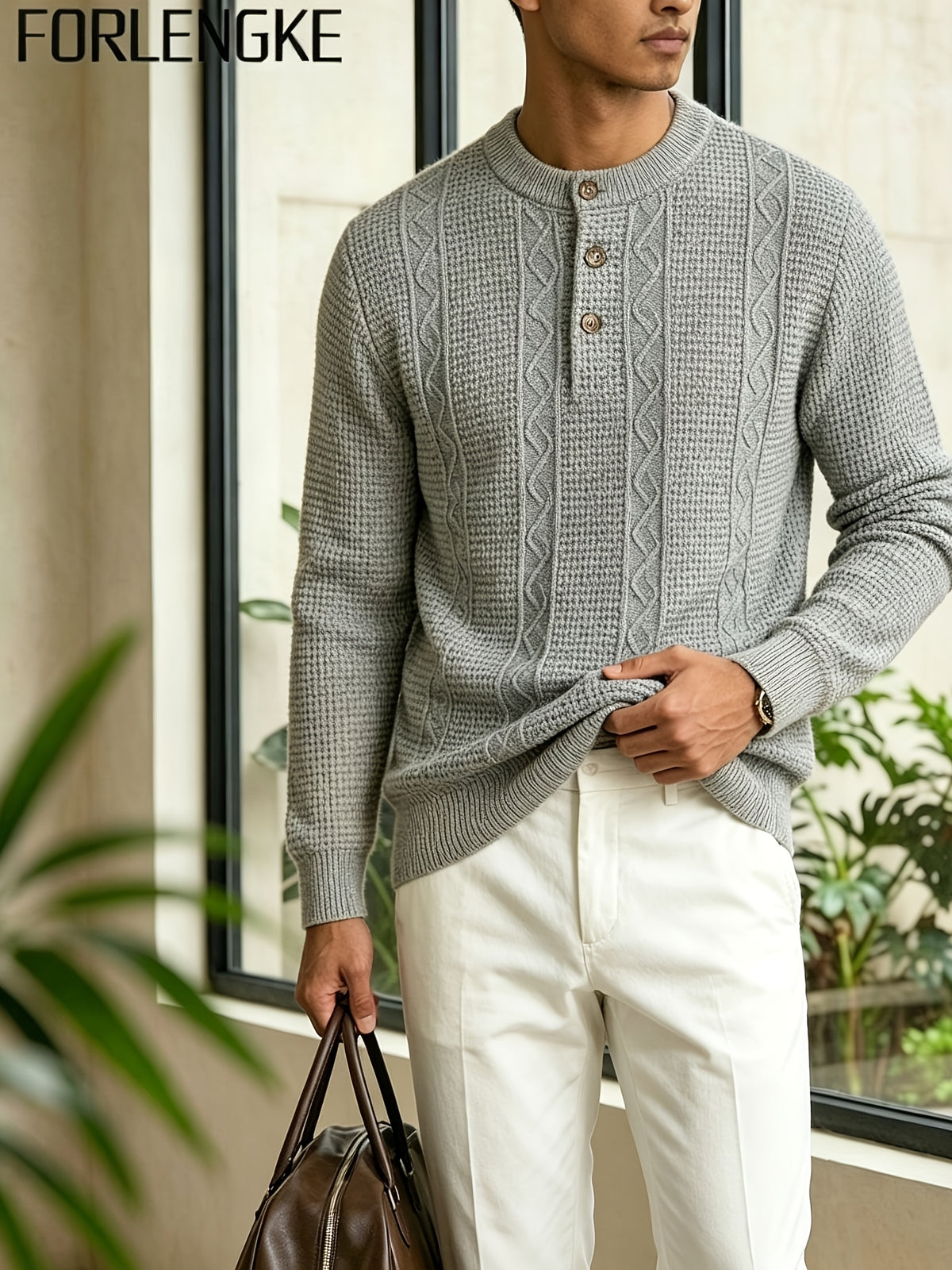 FORLENGKE Autumn/Winter New Arrival Men's American Manor Vintage Style Henley Neck Knit Sweater, Vertical Cable Waffle Knit Patchwork Texture, Regular Shoulder Fitted Cut, Autumn/Winter Manor Vacation Countryside Stroll Coffee Break Daily Streetwear - Clip Grey