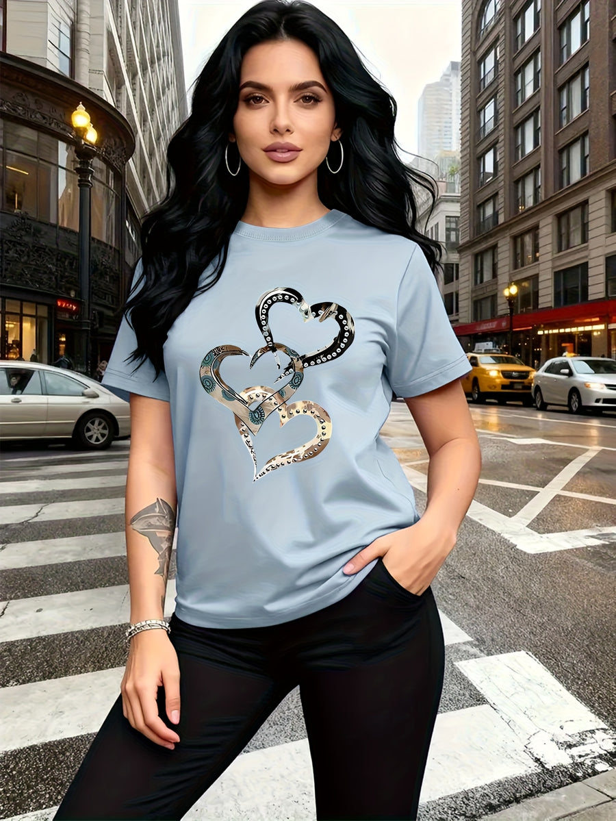 Emotion and Love" Representative, Metallic Art Heart Print Trendy Fashion, Simple Round Neck Casual Versatile Short Sleeve Women's T-Shirt for Leisure, Travel, and Vacation - Light Blue