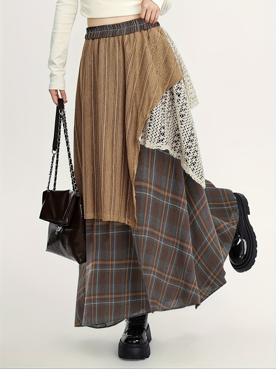 Autumn And Winter Midi Skirt in Ankhara Red, Featuring a Loose Elastic Waist, Flattering Long Design, And Irregular Color-Blocked A-Line Style - Dark Brown
