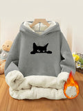 Women's -Lined Thermal Printed Hooded Sweatshirt, Heavyweight Thickened Warm Skin-Friendly Plush Lining, Peeking Little Black Cat Print, for,, Office Workers, Home, Strolling, Shopping, Outings, Gentle, Casual, Versatile, Cold-Proof and Warm Hoodie - Light Grey