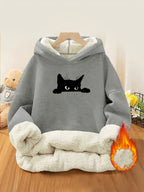 Women's -Lined Thermal Printed Hooded Sweatshirt, Heavyweight Thickened Warm Skin-Friendly Plush Lining, Peeking Little Black Cat Print, for,, Office Workers, Home, Strolling, Shopping, Outings, Gentle, Casual, Versatile, Cold-Proof and Warm Hoodie - Light Grey