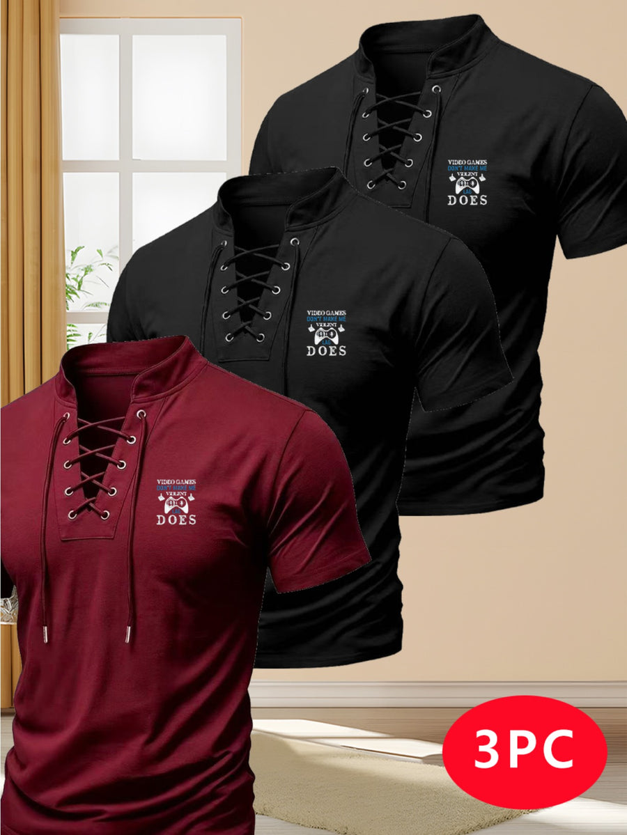 Men's Three-pc Summer New Arrival Solid Color Stand Collar Short Sleeve T-Shirt, American Vintage Style with Unique Drawstring Cross-Over Shoulder Straps, Slim Fit Fashionable Casual Streetwear Sporty Short Sleeve Top - Black+Black+Red