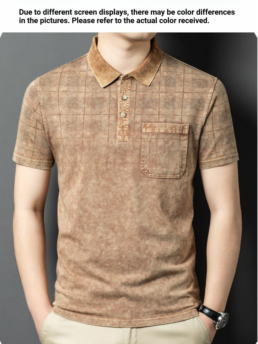 Washed Distressed Denim Texture Polo Shirt, Breathable Sweat-Absorbent Men'S Business Casual Summer Top, Sweat-Resistant - Coffee Color
