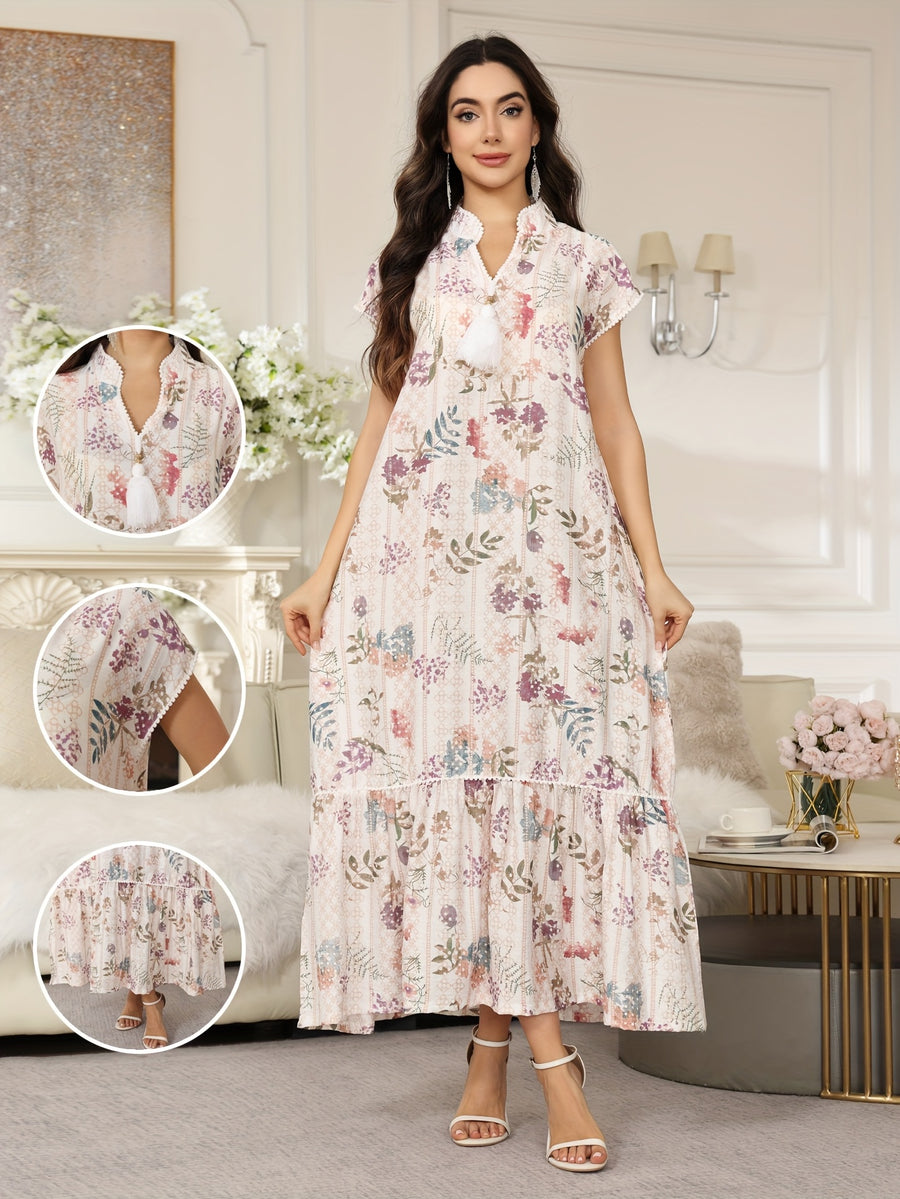 Directional Heavy Industrial 3D Imitation Multicolor Printed Arab Women'S Elegant Multi-Color Dress, 2026 Spring Summer Women'S Holiday Party Wear, Jalabiya Tassel Lace V-Neck Patchwork Pleated White Robe Fashion Elegant Fresh Clothing Outfit - White Red