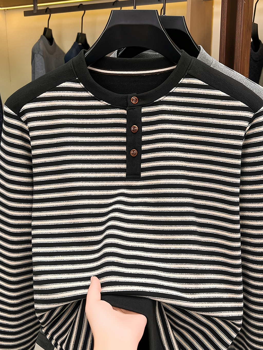 Men's Multi-Color Horizontal Stripe Half-Button Long Sleeve T-Shirt, Henry Collar Design, Comfortable and Soft Knitted Fabric, Business Commute Inner Wear, Middle-Aged Men's Autumn Casual Top - Black