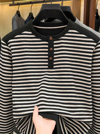 Men's Multi-Color Horizontal Stripe Half-Button Long Sleeve T-Shirt, Henry Collar Design, Comfortable and Soft Knitted Fabric, Business Commute Inner Wear, Middle-Aged Men's Autumn Casual Top - Black