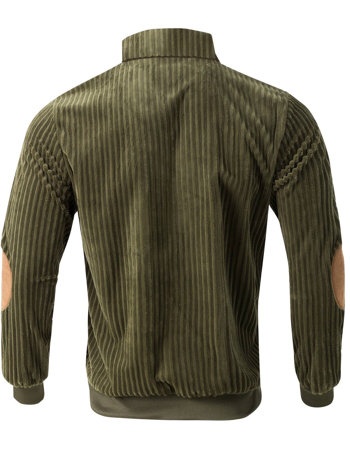 [Pearson OBM] Contrast Collar Half-Zipper Men'S Vertical Striped Long Sleeve Knit Sweater, Elbow Patch Casual Elastic Slim Commute All-Match Fall Top - Pure Army Green