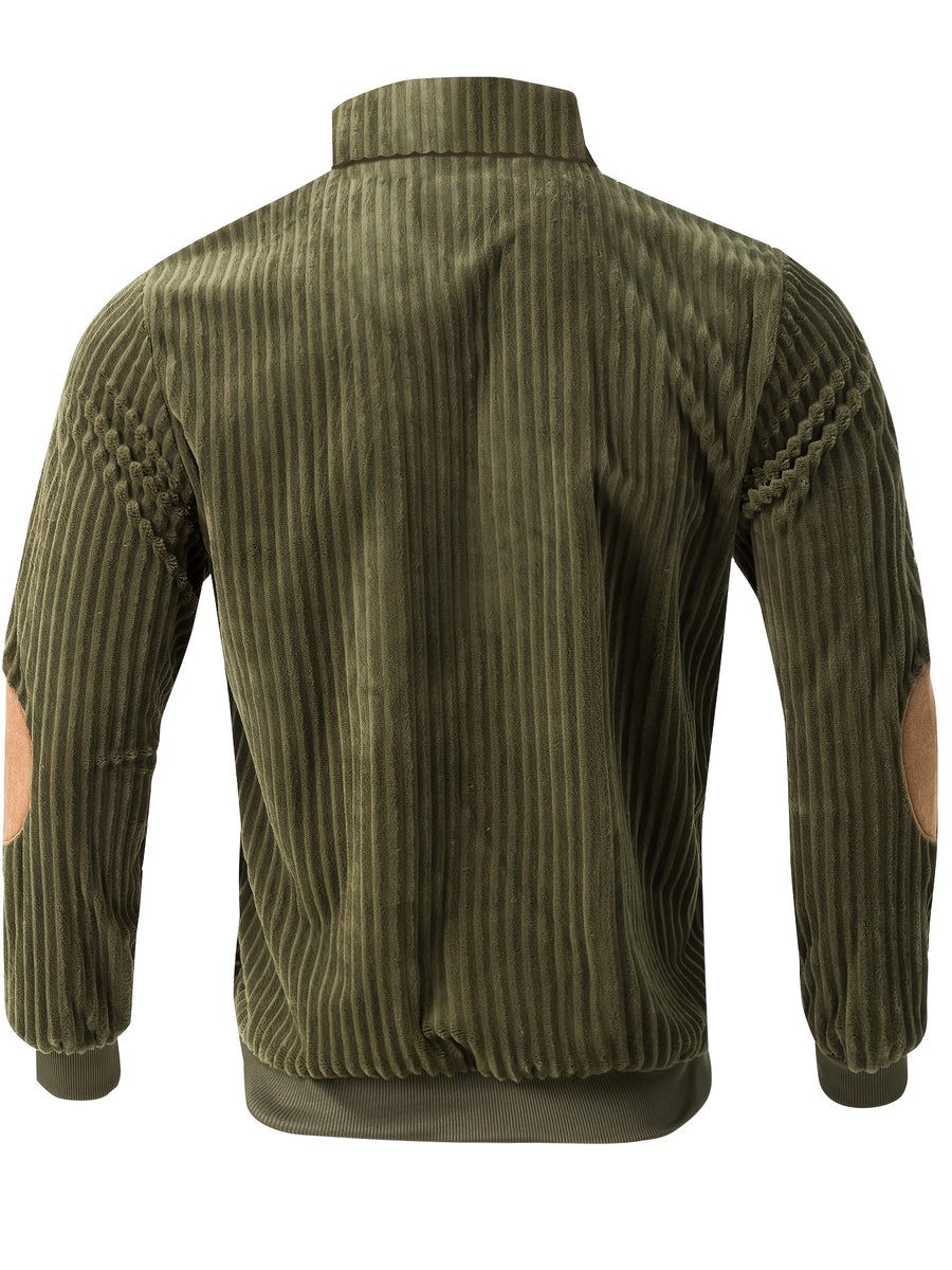 [Pearson OBM] Contrast Collar Half-Zipper Men'S Vertical Striped Long Sleeve Knit Sweater, Elbow Patch Casual Elastic Slim Commute All-Match Fall Top - Pure Army Green