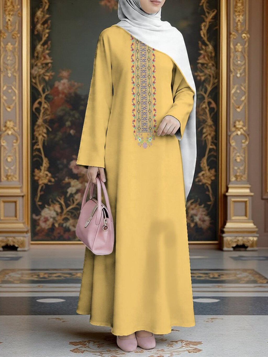 New Middle Eastern Style Muslim Elegant Robe, Bright Ginger Yellow Base with Vertical Long Striped Ethnic Floral Digital Print Women'S Long Sleeve Robe, Non- Craft, Easy Solid Color Skirt, Loose Full Skirt Conservative Cut, Full of Atmosphere - Mixed colors