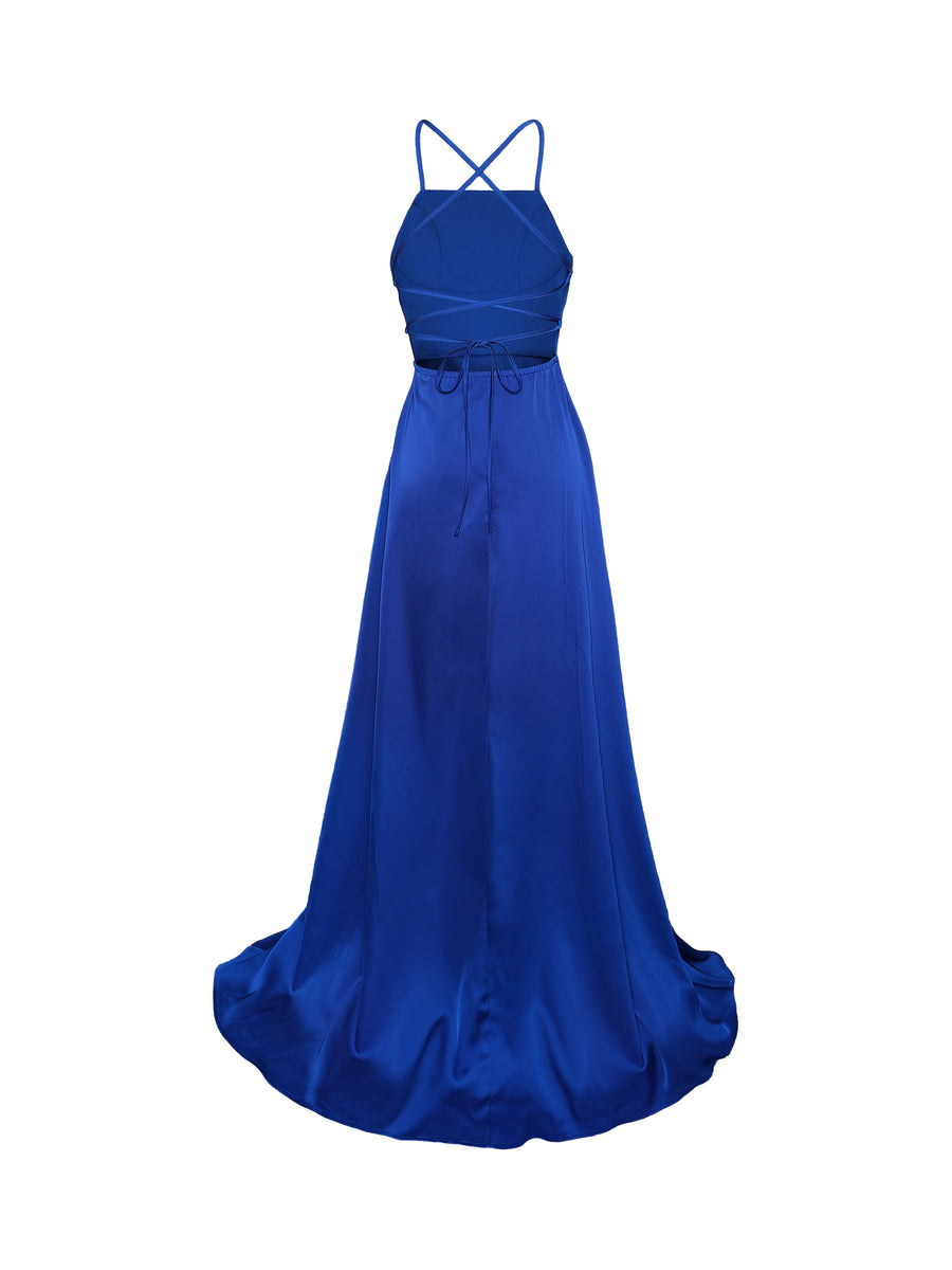 A Solid Color Satin Slip Dress with a Back Tie, Side Pockets, And a High Slit, Perfect for Upscale Banquets And Evening Parties - Blue