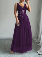 Summer Women'S Elegant Dress Mesh Stitching White Bubble Bead Multi-Layer Super Large Swing Sleeveless Summer Long Evening Dress Suitable for Party Dinner Wedding Wear Elegant Dress Wedding Party Dress - Violet Blue