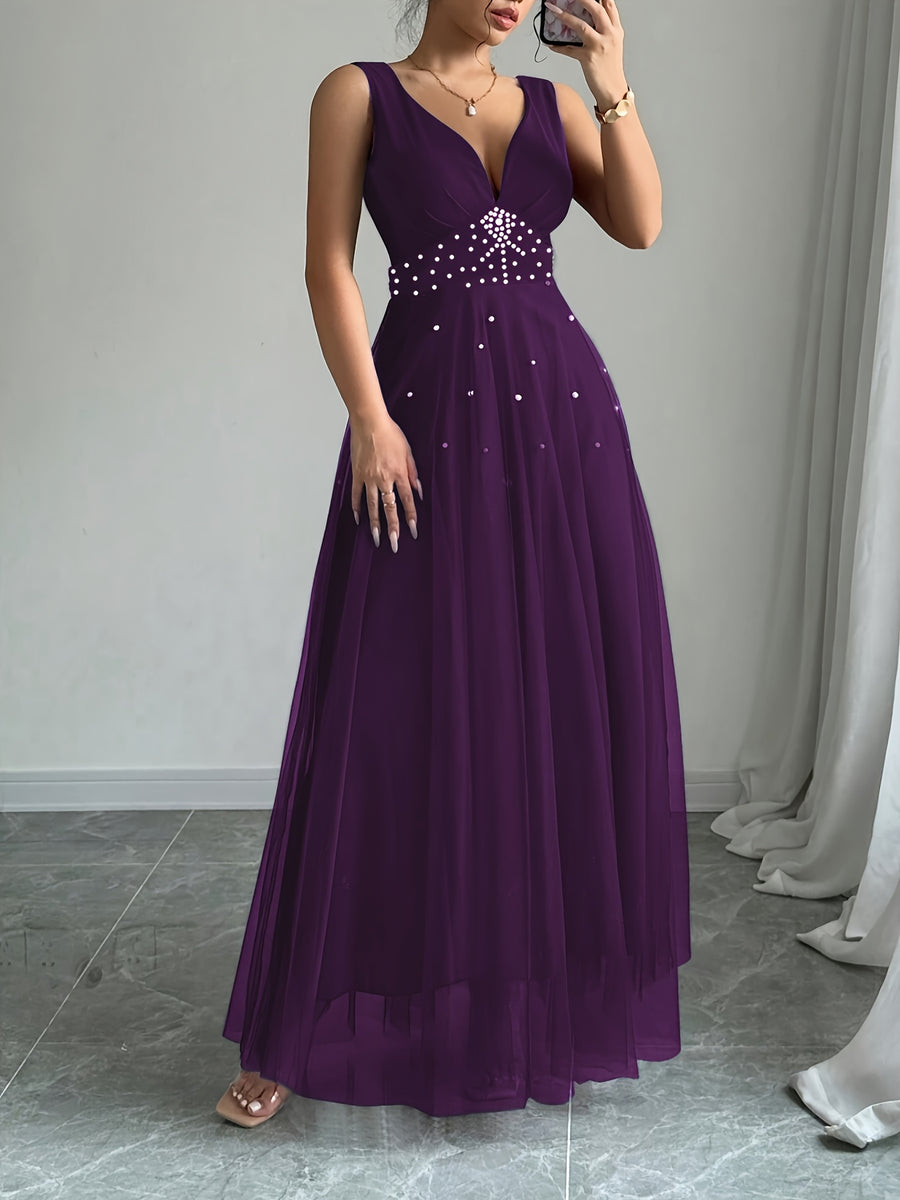 Summer Women'S Elegant Dress Mesh Stitching White Bubble Bead Multi-Layer Super Large Swing Sleeveless Summer Long Evening Dress Suitable for Party Dinner Wedding Wear Elegant Dress Wedding Party Dress - Violet Blue
