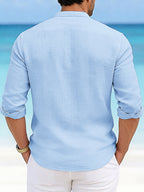 Men'S Autumn Winter New Solid Color Linen-Like Shirt, Roman Letter Print Pattern, Casual Commute Easy Versatile Stand Collar Button-Up Cardigan, Leisure Sports Street Trendy Fashion Business Outing Entertainment Party Old Money Style Outfit - Light Blue
