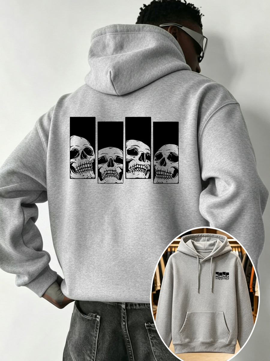 Modern Design Versatile and Stylish Men's Sports Hooded Sweatshirt - Daily Comfort - Casual Long-Sleeve Hoodie, Skull Vintage Arrangement Print, Men's Summer Essential, Comfortable Pattern Print Style, Multi-Scene Wear, First Choice for Fitness - Grey