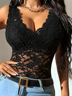 Lace V-neck T-shirt, Playful Sheer Top 337 - Black
