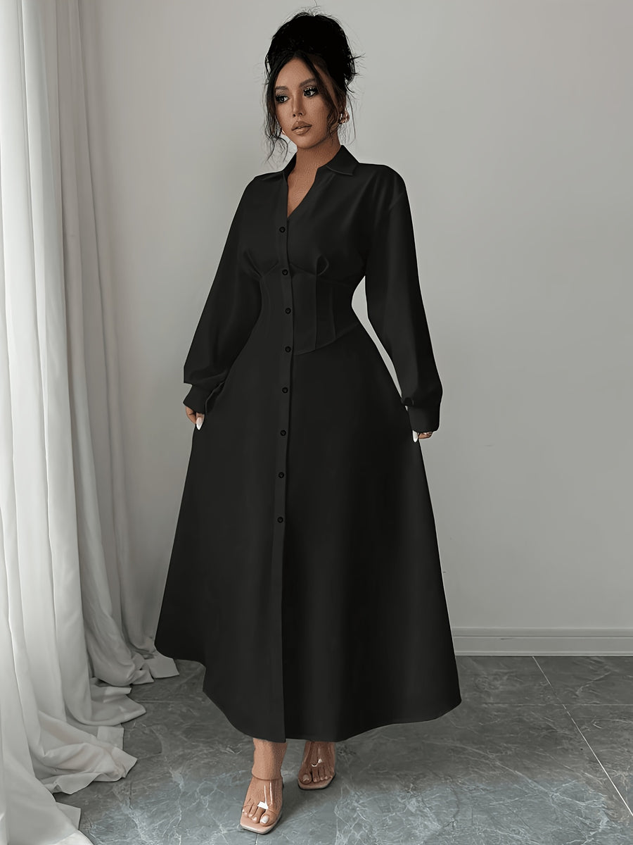 Elegant And Refined Long-Sleeve Shirt with Delicate Collar Mid-Length Skirt in Stylish Solid Color with Fitted Waistline Front-Buttoning Wide A-Line Skirt And Pleated Hem at The Back Perfect for Work Dating Or Formal Events As a Wedding Guest - Black