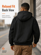 Men'S Full-Zip Hooded Jacket, Non-Removable Hood with Plaid Lining, Drawstring Hood Design, Large Kangaroo Pockets, Ribbed Cuffs And Hem, Loose Fit, Urban Street Casual Cargo Jacket - Black