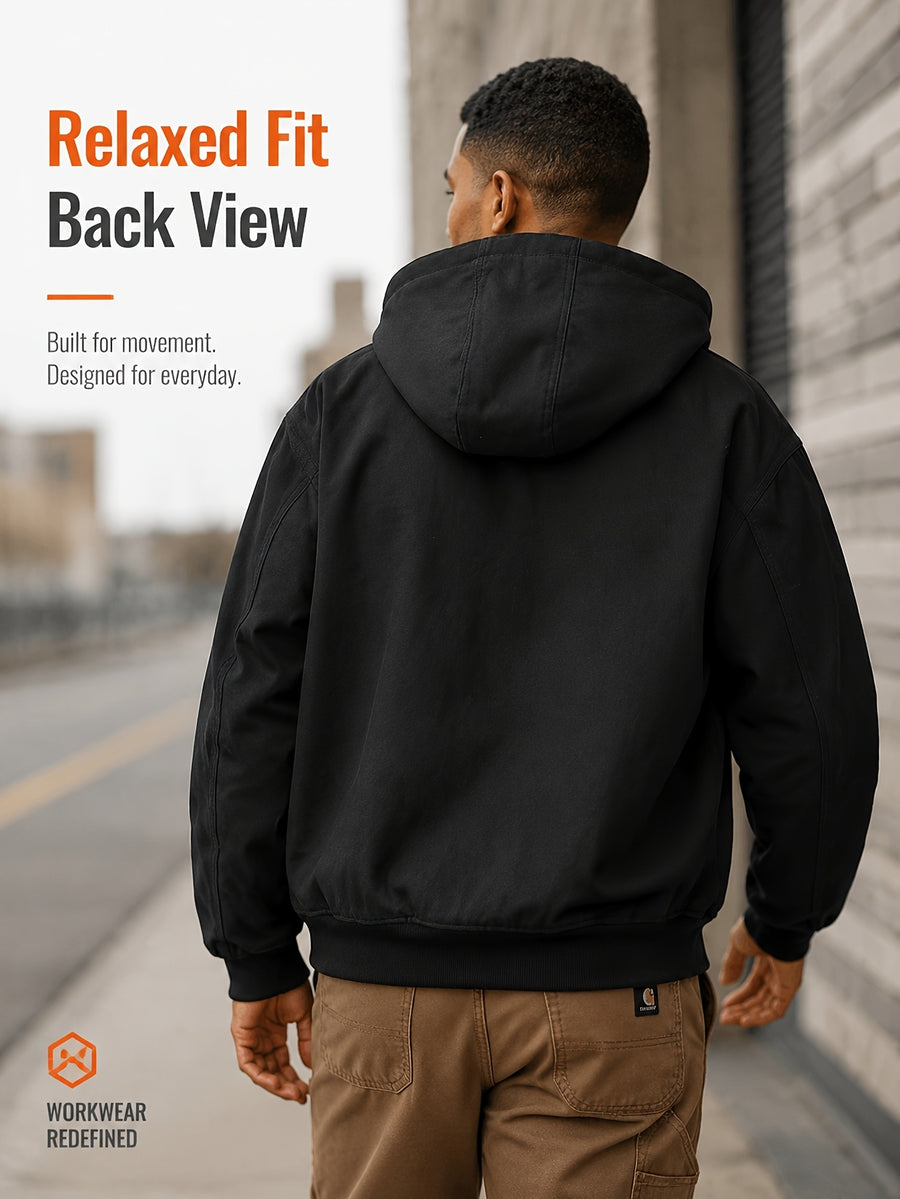 Men'S Full-Zip Hooded Jacket, Non-Removable Hood with Plaid Lining, Drawstring Hood Design, Large Kangaroo Pockets, Ribbed Cuffs And Hem, Loose Fit, Urban Street Casual Cargo Jacket - Black