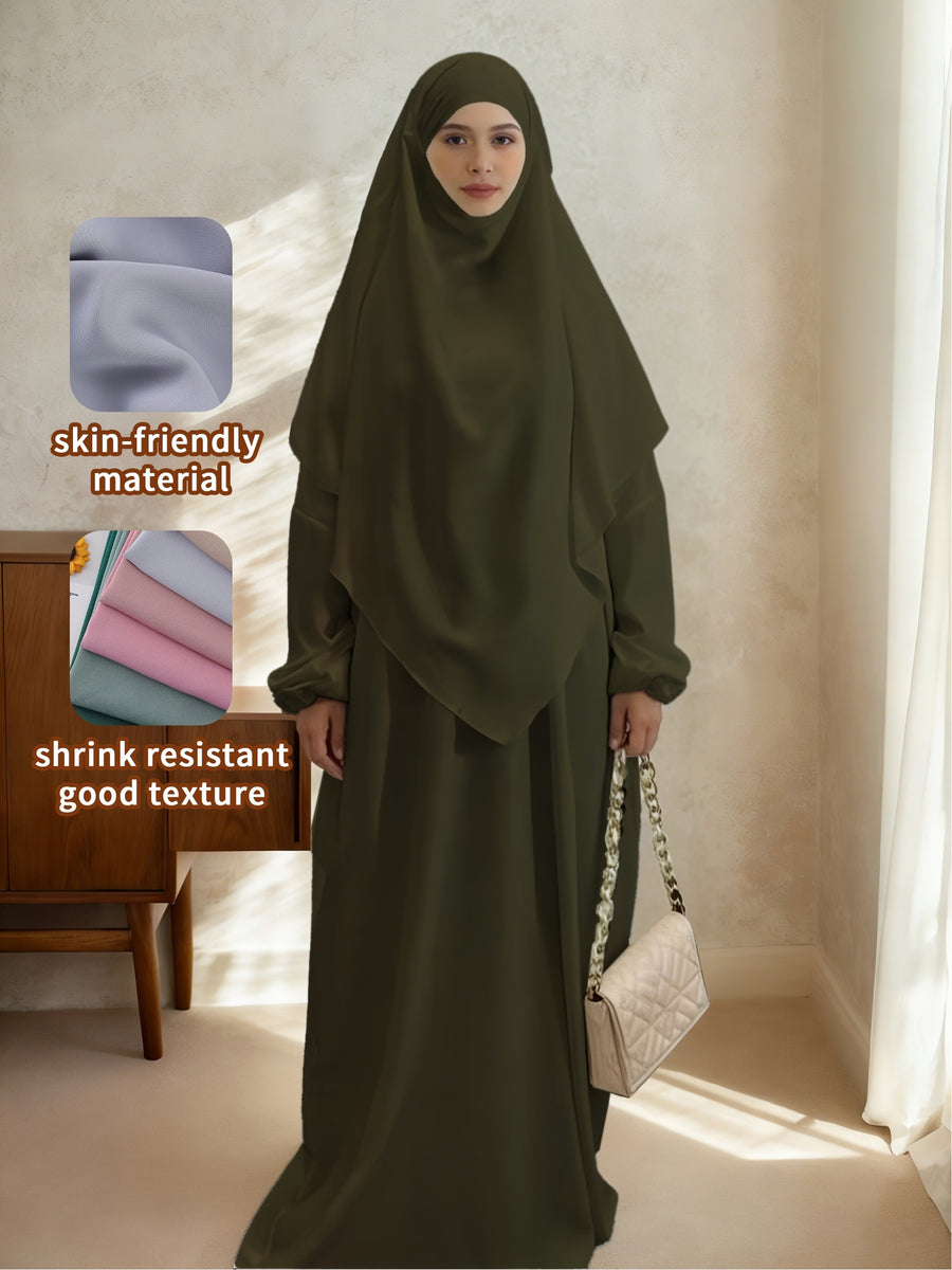 2pcs Easy Solid Abayas, Dignified Long-Sleeved Dresses, Asian Women'S Size Clothing, Elegant And Suitable for Gifting During Ramadan - fern green