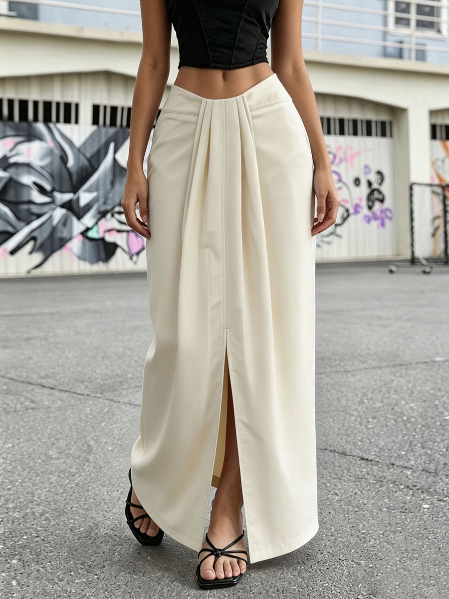 SEPCHIR Women's High-Waist Draped Pleated Skirt - Front Slit Loose-Fit Skirt Suitable for Daily Commute, Vacations, Dates & Parties, Machine Washable Elegant Solid Color Skirt for Spring/Summer, Vacations, Casual Wear - Milky