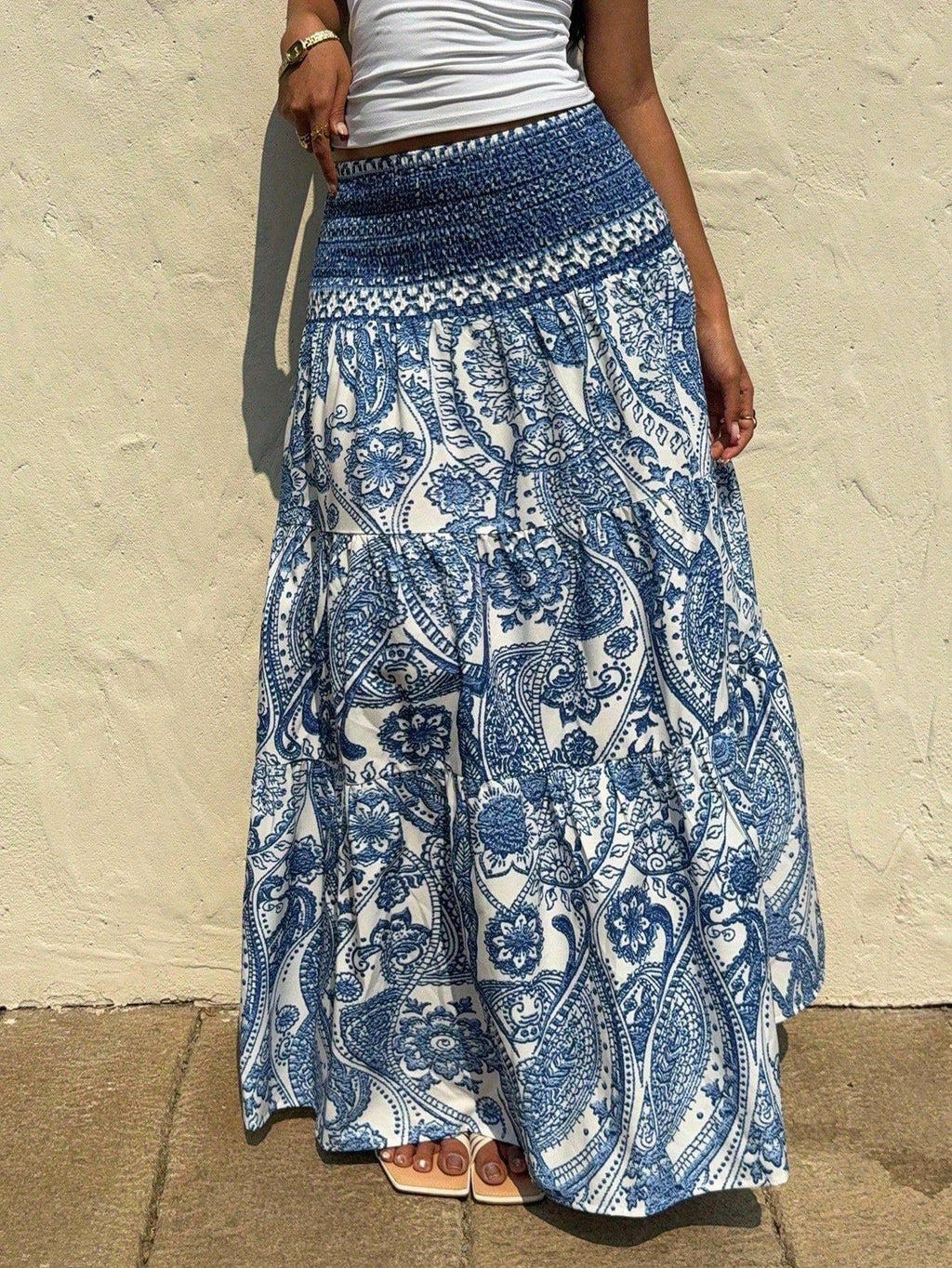 Women's Spring/Summer Vacation Daily Casual Bohemian Print Tie-Waist Long Skirt - Blue