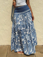 Women's Spring/Summer Vacation Daily Casual Bohemian Print Tie-Waist Long Skirt - Blue