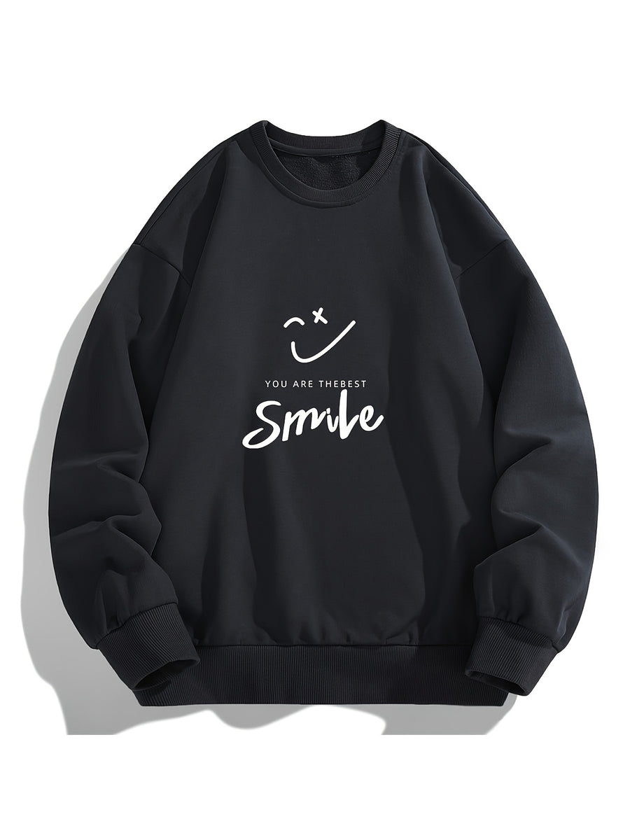 Men's Crew Neck Sweatshirt, Spring & Autumn Joyful Face Letter Print Pullover Top, Youth Loose Casual Versatile LongSleeve Base Shirt - Black