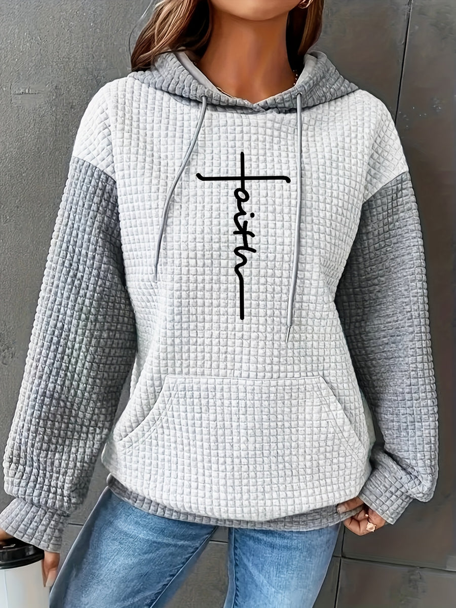 Women's Casual Oversized Hoodie with Checkered Texture & Letter Print, Kangaroo Pocket, Long Sleeve Loose Fit Sweatshirt for Fall Winter, Machine Washable, Fall Fashion, Relaxed Style, Comfortable Texture, Print Sweatshirt, Cozy Wear - Ivory White
