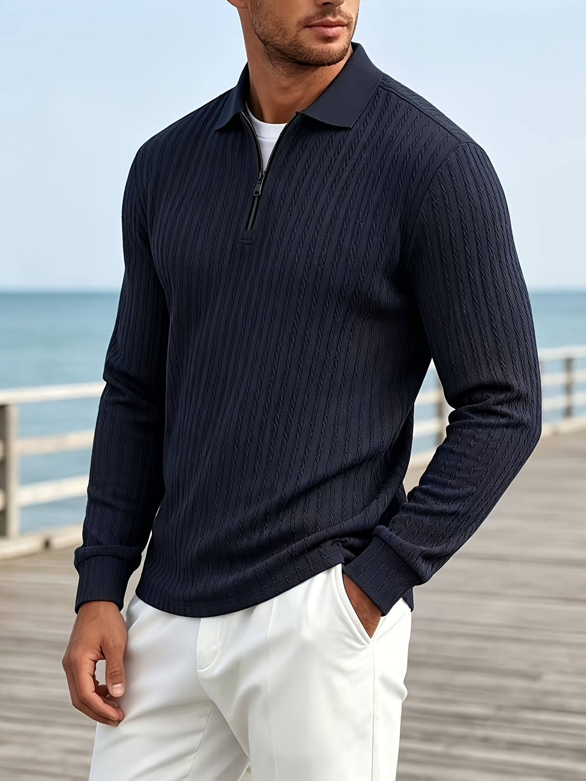 2026 New Men'S Half-Zip Lapel Long Sleeve Polo Shirt, Textured Jacquard Knit Top, Casual All-Match - Navy Color