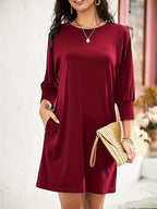 Women's Short Loose Autumn Winter Dress, Urban Fashion, Elegant Commute - Burgundy