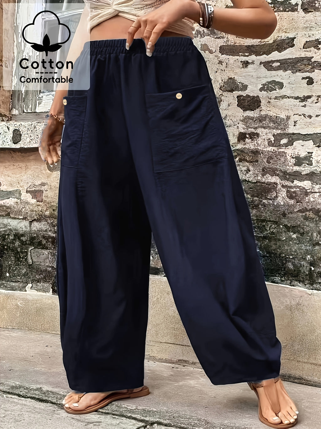 Plus Size, Plus Size Stylish Women's Solid Color Casual Pants, Elastic High Waist with Pockets, Loose Wide-Leg Trousers, Versatile Pants for Commuting and Vacation - Navy Color