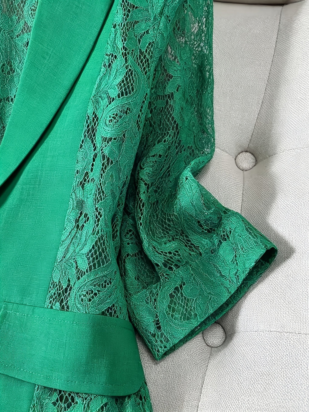 Women'S Thin Patchwork Lace Lightweight Suit Design Casual Temperament Three-Quarter Sleeve Casual Lapel Suit Top - Green