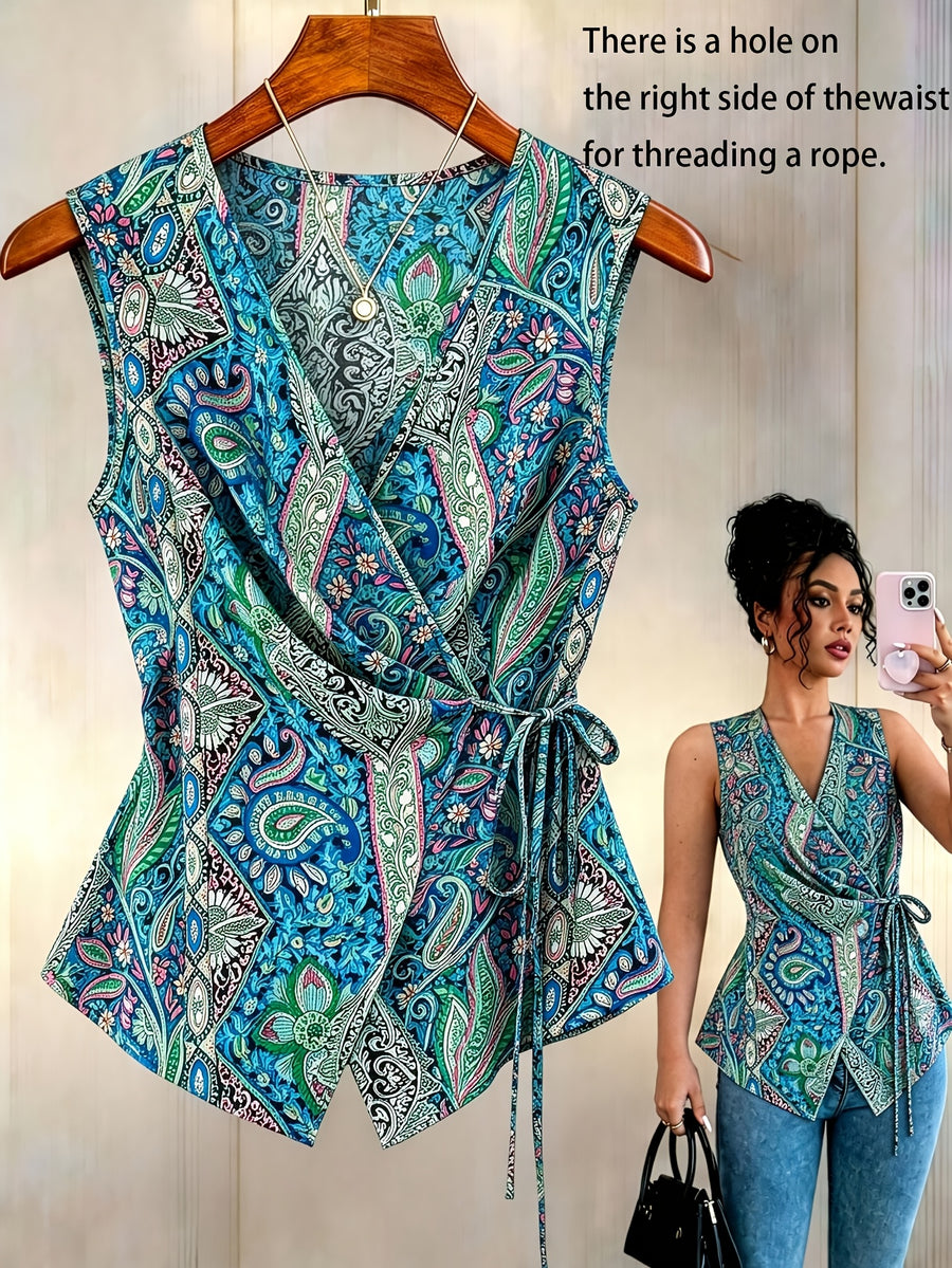 Women'S New Paisley Top, V-Neck Cross-Tie Sleeveless Slim Shirt, Fashion Casual Vest Suitable for Work, Vacation, Dating, Multi-Purpose Summer - Mixed Color 2
