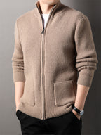 Autumn Winter Knit 3D Solid Mid-High Neck Sweater, Basic Knit Cardigan for Men, Fashionable Long-Sleeve Jacket, Monj - Camel