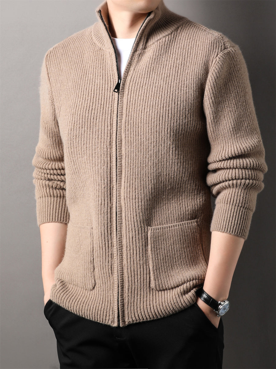 Autumn Winter Knit 3D Solid Mid-High Neck Sweater, Basic Knit Cardigan for Men, Fashionable Long-Sleeve Jacket, Monj - Camel