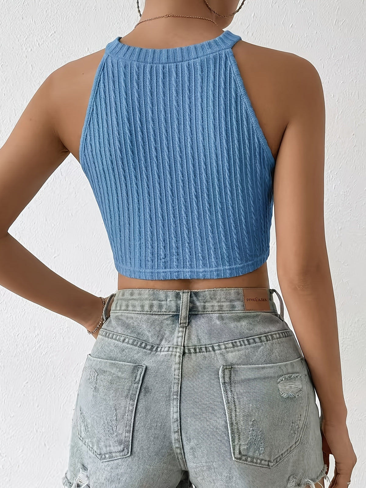 Women's Sexy Summer Cropped Sleeveless Top with Elegant Fringe Details - Slim-Fit Stretch Round Neck Casual Chic Outing Shirt, Cute Tops for Summer, Festive Outfit Choice, Nontransparent Material - Sky Blue