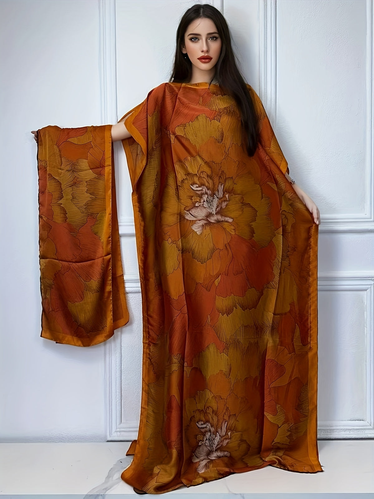 WINYI Print Boat Neck Abaya, Elegant Short Batwing Sleeve Loose Dress for Women's Clothing - Coral